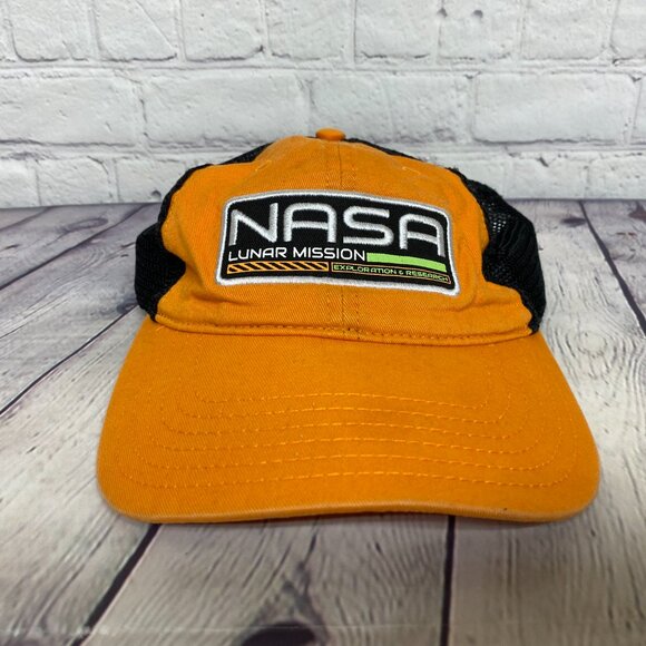 NASA Lunar Mission Trucker hat Mesh Cap Strap Back Orange Black Mad Engine - Picture 5 of 8